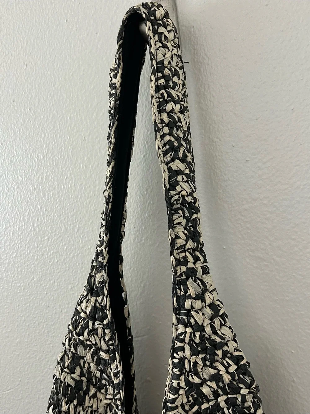 Banana Republic Marled Raffia Tote Bag Straw Hobo Purse Black White Slouchy Boho